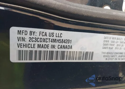 2021 Dodge Charger R/T z USA, uszkodzony, nr VIN 2C3CDXCT4MH584201